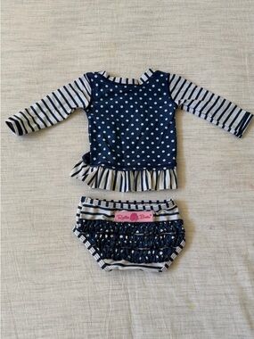 Ruffle Butts Navy & White Polka Dot and Stripe Swim Set